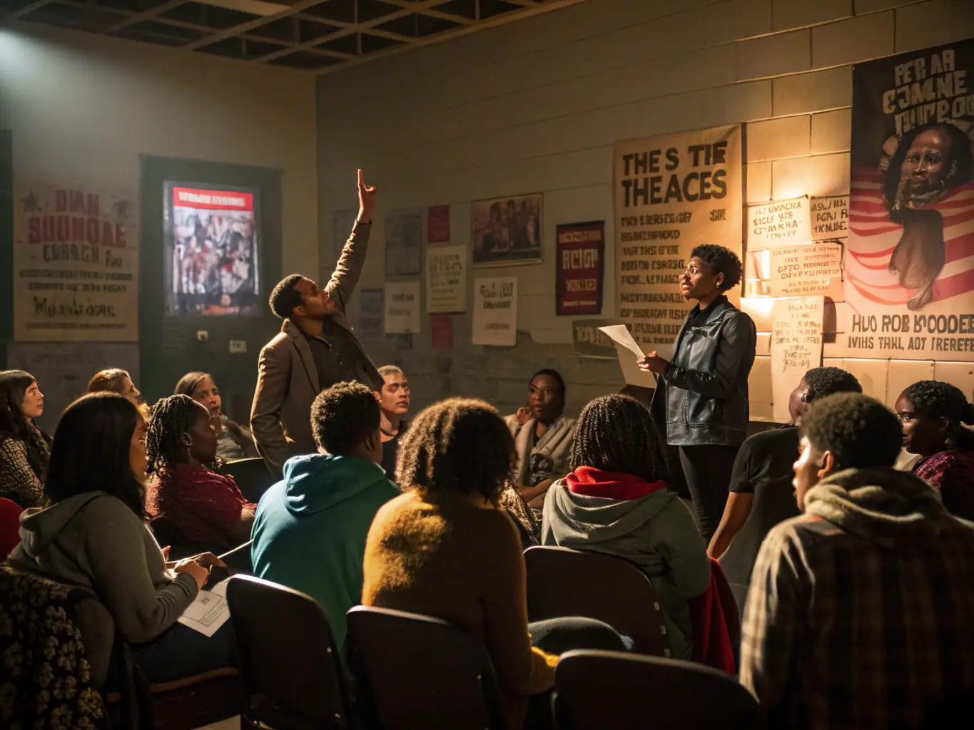 A diverse group of people participating in a community meeting, discussing policy changes and advocating for racial equity.