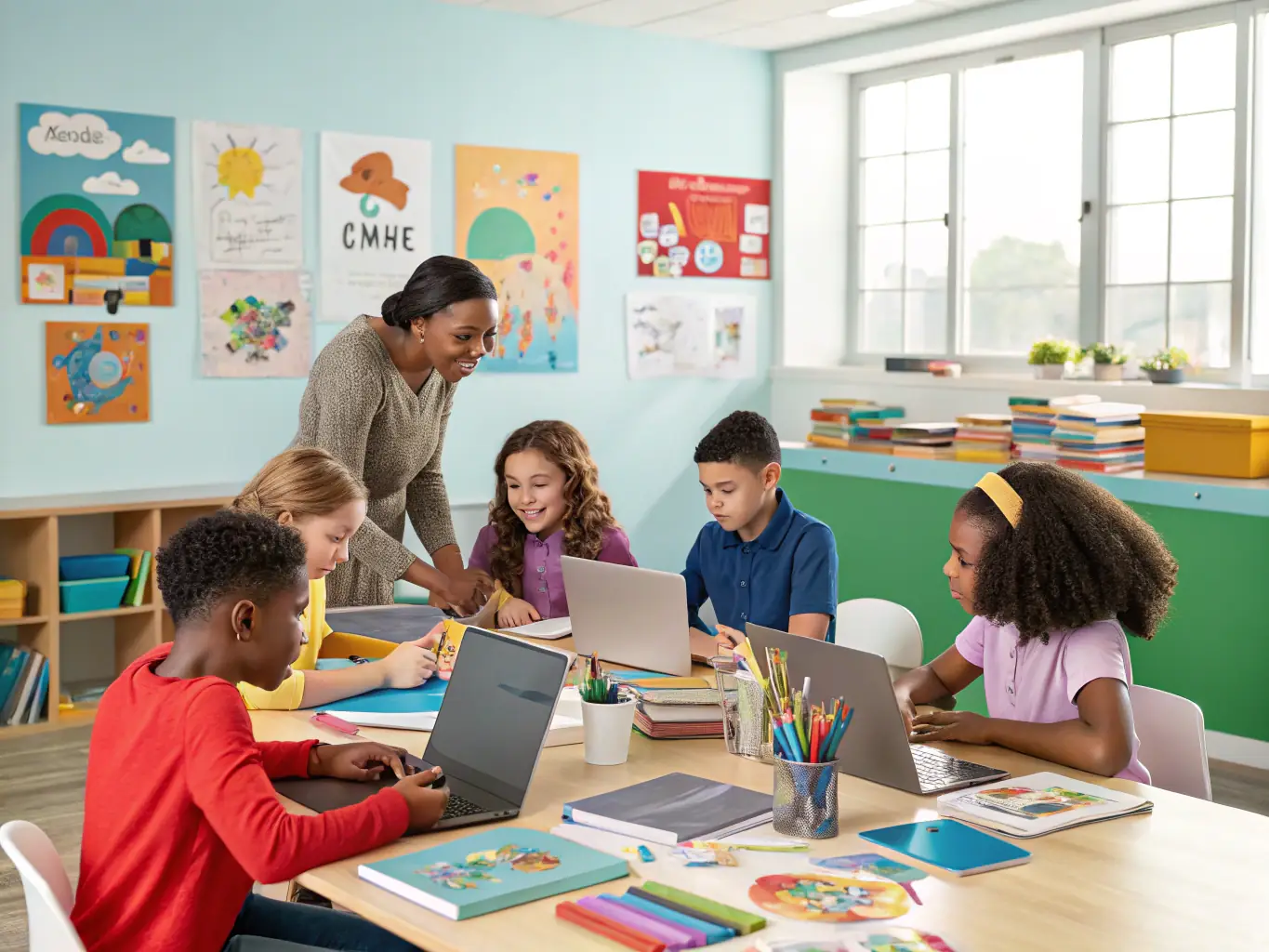 Students of various ethnic backgrounds are working together on a project in a classroom, representing the Education Equity Initiative.