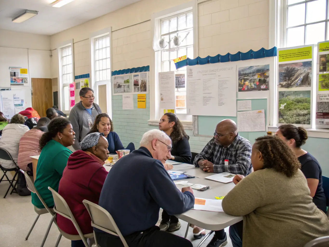 A diverse group of people participating in a community meeting, discussing housing policies and fair housing practices, symbolizing the Inclusive Housing Program.